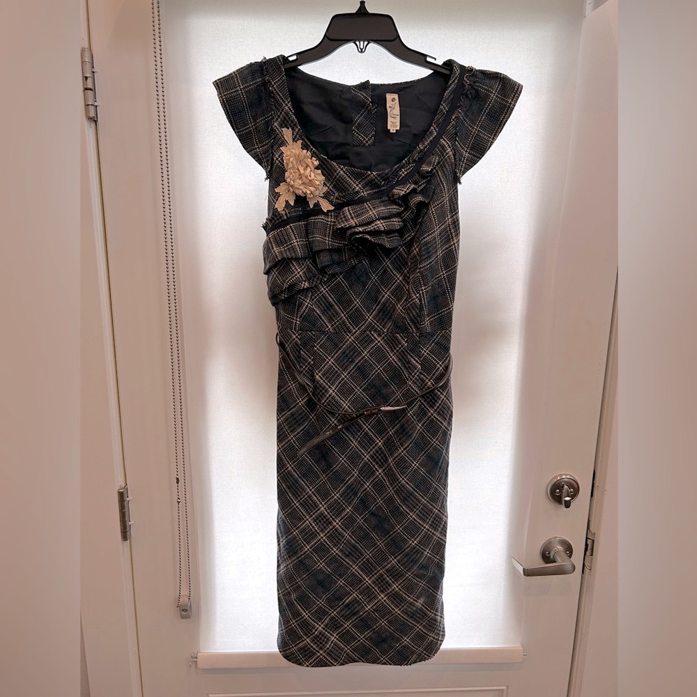 Vintage Anthropologie Tweed Belted Dress With Corsage